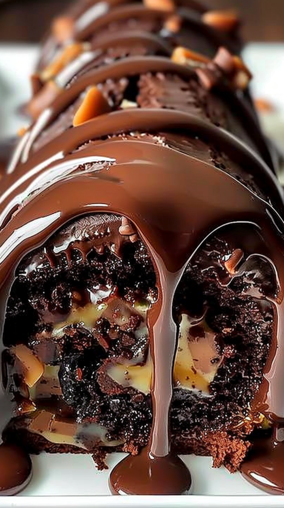 Gooey Chocolate Caramel Turtle Cake Roll
